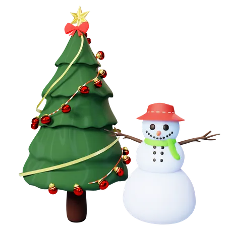 Christmas tree and snowman  3D Illustration