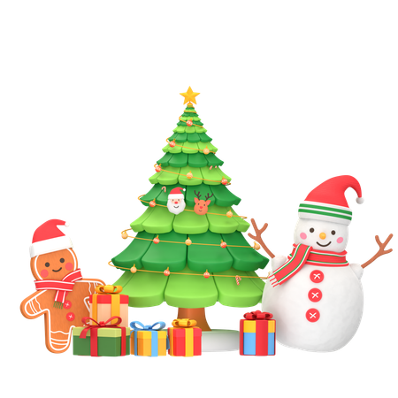Christmas Tree Gingerman And Snowman  3D Icon