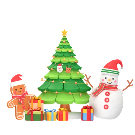 Christmas Tree Gingerman And Snowman 3 D Icon 3D Icon