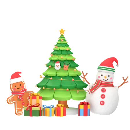 Christmas Tree Gingerman And Snowman  3D Icon