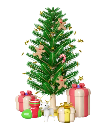 Christmas tree is decorated with gingerbread and candy sticks  3D Illustration