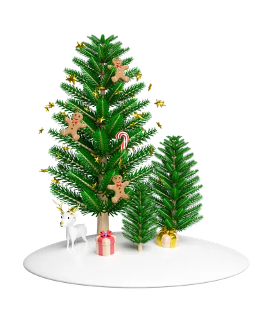 Christmas tree is decorated with gingerbread and candy sticks  3D Illustration