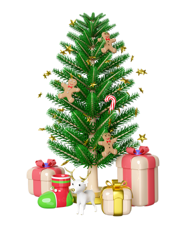 Christmas tree is decorated with gingerbread and candy sticks  3D Icon