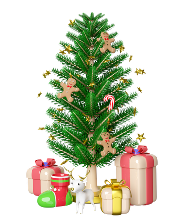 Christmas tree is decorated with gingerbread and candy sticks  3D Illustration