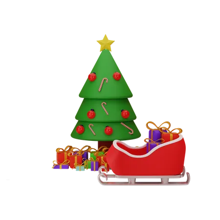 Christmas Tree With Gift And santa sleigh  3D Illustration