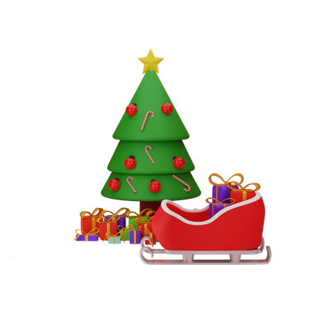 Christmas Tree With Gift And santa sleigh 3D Illustration