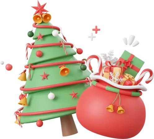Christmas Tree With Gifts Bag  3D Icon