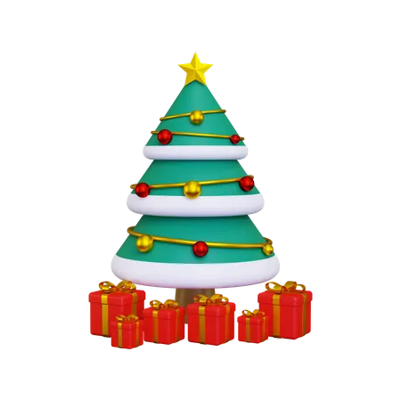 Christmas tree with red gift boxes 3D Illustration