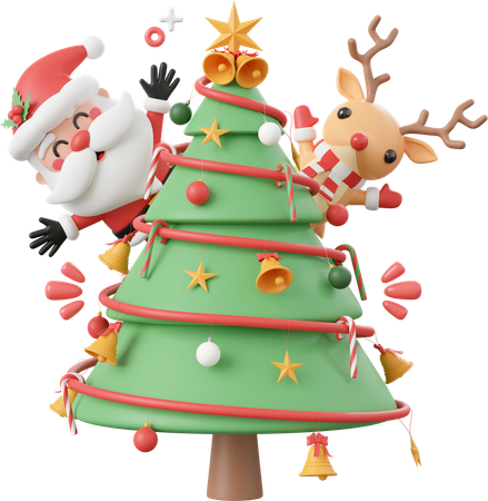 Christmas Tree With Santa Claus And Reindeer  3D Icon