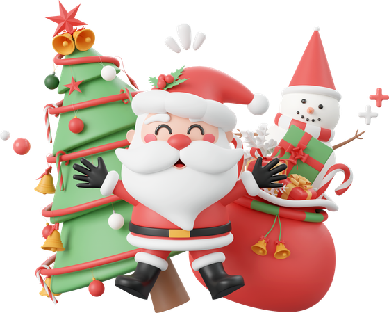 Christmas Tree With Santa Claus And Snowman  3D Icon