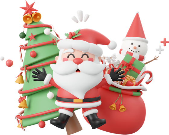 Christmas Tree With Santa Claus And Snowman  3D Icon