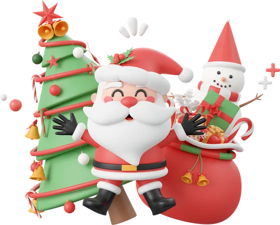 Christmas Tree With Santa Claus And Snowman Christmas Theme Elements 3 D Illustration 3D Icon