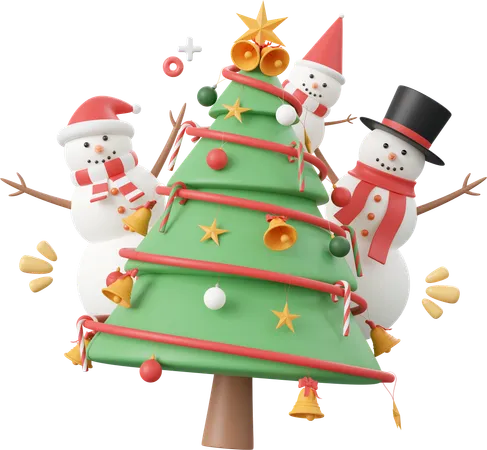 Christmas Tree With Snowman Christmas Theme Elements 3 D Illustration 3D Icon