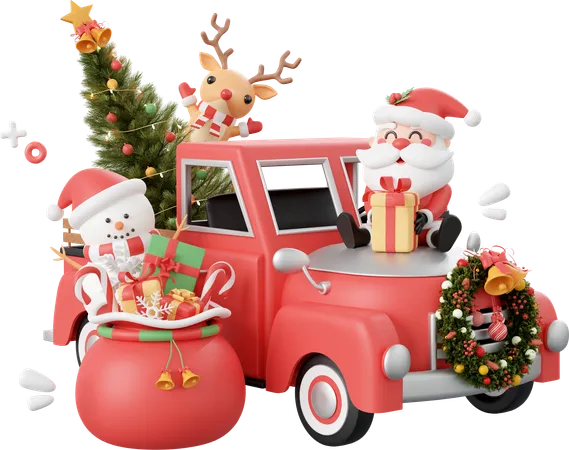 Christmas Truck With Santa Claus And Friend  3D Icon