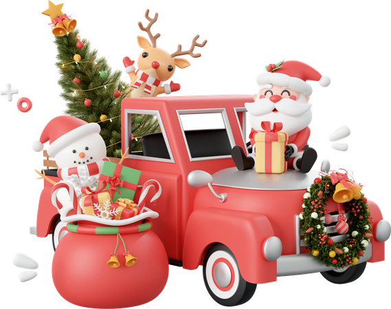 Christmas Truck With Santa Claus And Friend  3D Icon