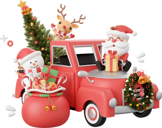 Christmas Truck With Santa Claus And Friend Christmas Theme Elements 3 D Illustration 3D Icon