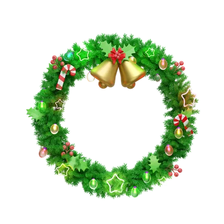 Wreath With Decorated Branches Of Pine Trees Jingle Bell Candy Cane Red Bow Holly Berry Leaves Clear Glass Lantern Garlands Star Merry Christmas And Happy New Year 3 D Render Illustration 3D Icon