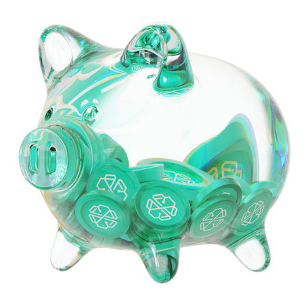 Chsb-Sparschwein aus klarem Glas mit abnehmendem Stapel an Kryptomünzen  3D Icon