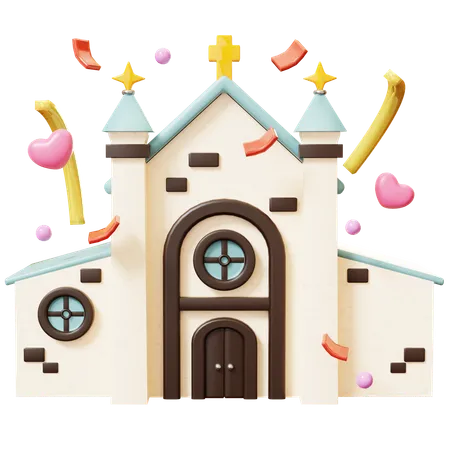 3 D Cute Cartoon Church Building With Confetti And Hearts Wedding Wedding Invitation Marrying Ceremony Romantic Concept Groom And Bride 3D Icon