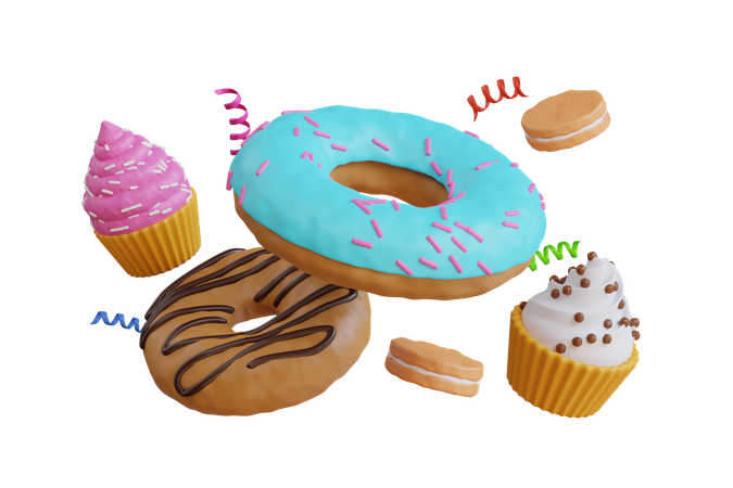 Cupcake et beignets qui tombent  3D Icon