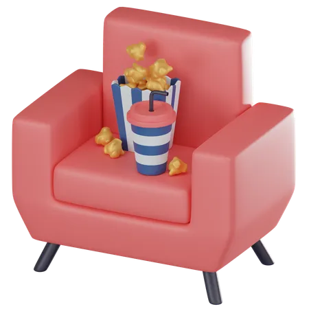Space Into Cinematic Featuring Comfy Chair Popcorn And Soft Drink Perfect For Conveying Essence Of Home Entertainment And Relaxation 3 D Render Illustration 3D Icon