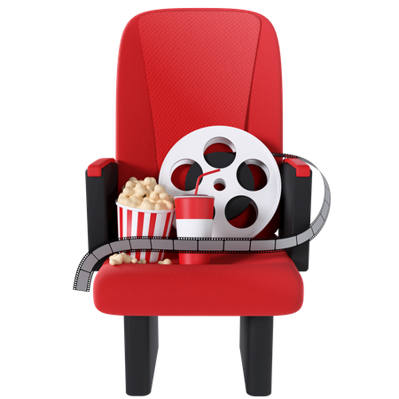 Cinema Chair With Popcorn And Film Reel  3D Illustration