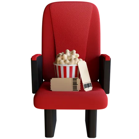 Cinema Chair With Popcorn And Film Ticket  3D Illustration