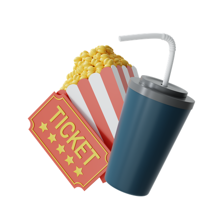 Cinema Ticket with Popcorn  3D Illustration