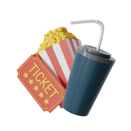 Cinema Ticket with Popcorn  3D Illustration