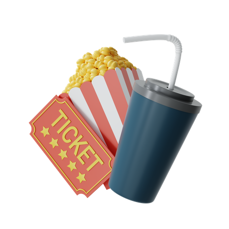 Cinema Ticket with Popcorn 3D Illustration