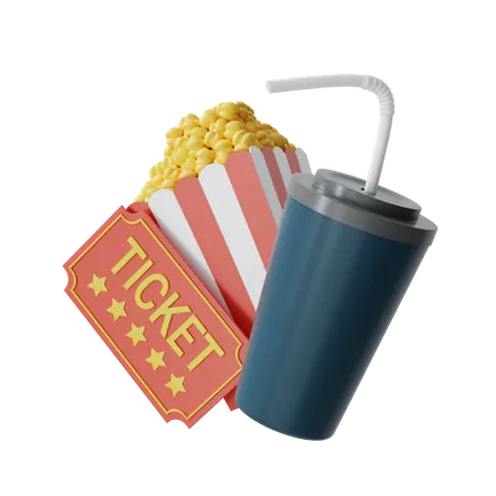 Cinema Ticket with Popcorn 3D Illustration