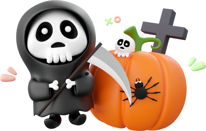 Citrouille d'Halloween avec faucheuse  3D Icon