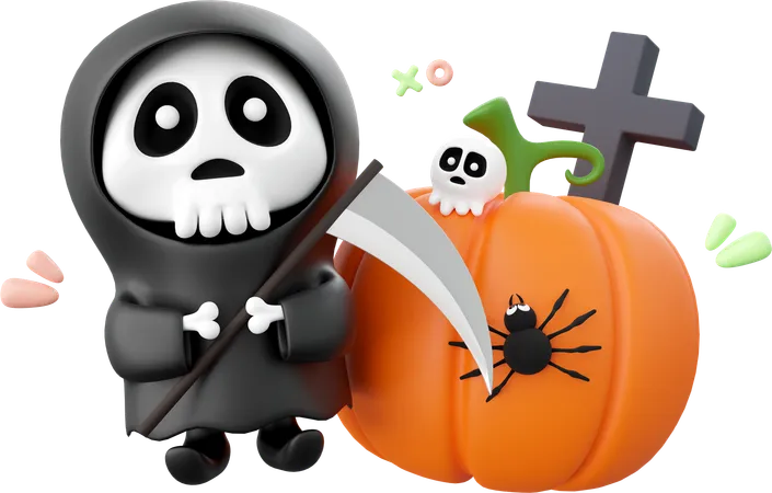 Citrouille d'Halloween avec faucheuse  3D Icon