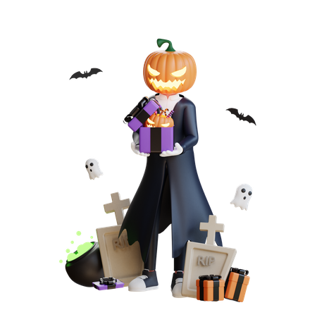 Homme citrouille tenant des bonbons d'Halloween  3D Illustration