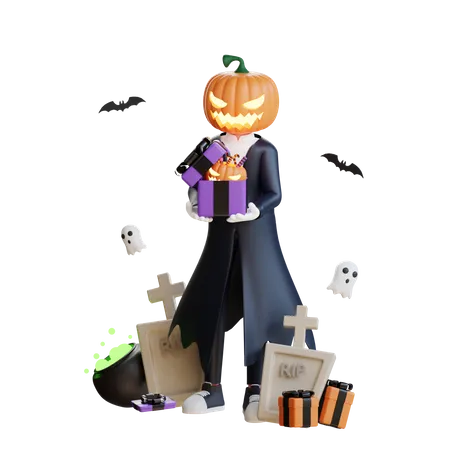 Homme citrouille tenant des bonbons d'Halloween  3D Illustration