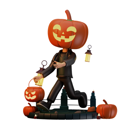 Jack O Lantern marchant avec une citrouille effrayante  3D Illustration