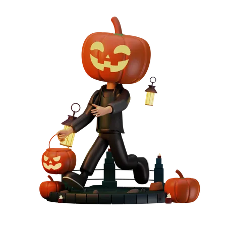 Jack O Lantern marchant avec une citrouille effrayante  3D Illustration