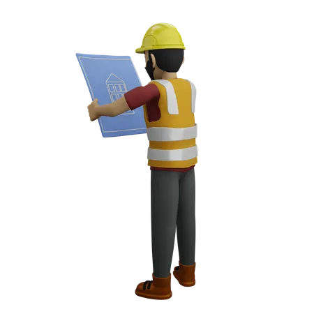 Civil Engineer Looking Architecture Plan  3D Illustration