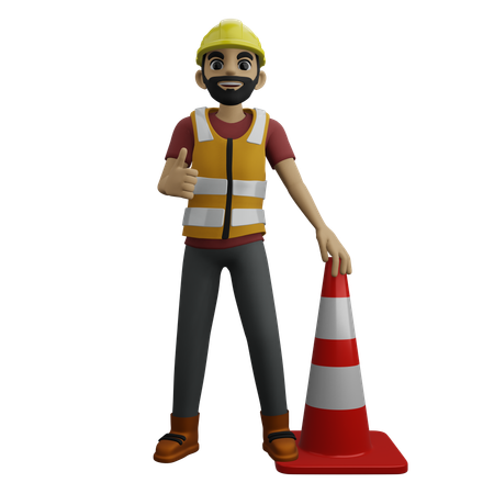 Civil Engineer Showing Thumbs Up While Standing With Cone Pin  3D Illustration