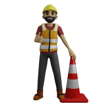 Civil Engineer Showing Thumbs Up While Standing With Cone Pin  3D Illustration