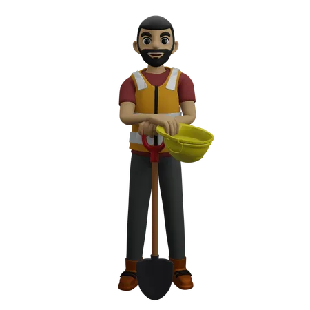 Civil Engineer Standing With Spade With Helmet  3D Illustration