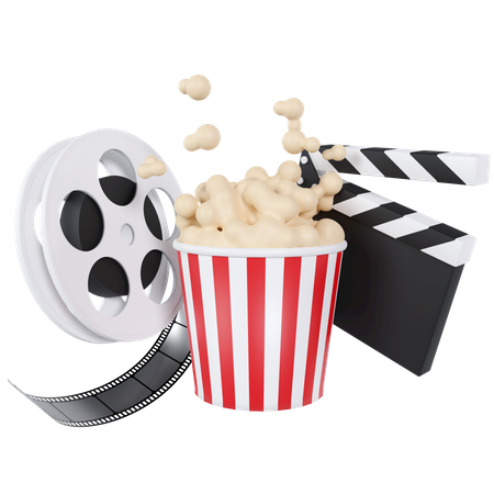 Clapperboard With Film Roll And Popcorn  3D Icon
