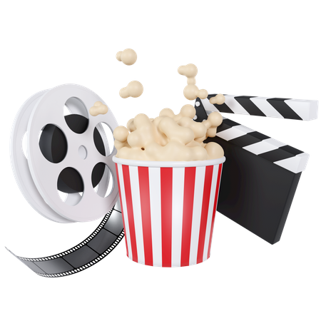 Clapperboard With Film Roll And Popcorn 3D Illustration