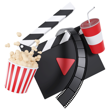 Clapperboard With Film Strip And Popcorn  3D Icon