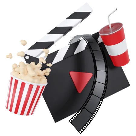 Clapperboard With Film Strip And Popcorn  3D Illustration