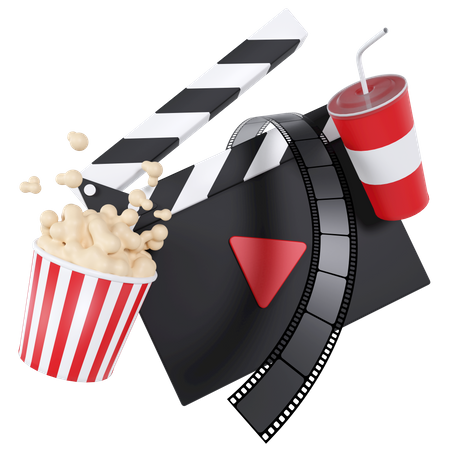 Clapperboard With Film Strip And Popcorn 3D Illustration