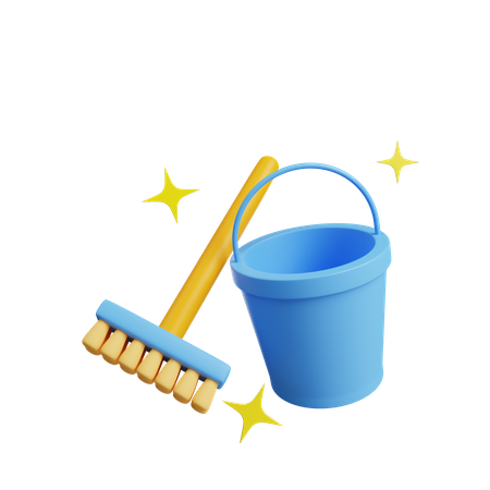 Cleaning bucket and broom  3D Illustration