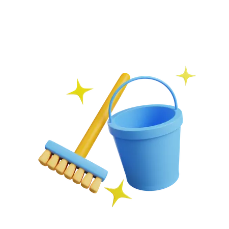 Cleaning bucket and broom  3D Illustration