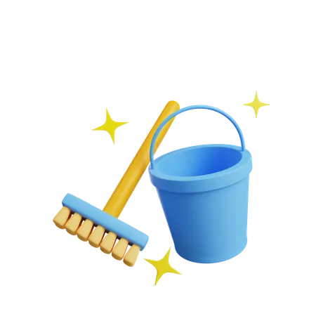 Cleaning bucket and broom 3D Illustration