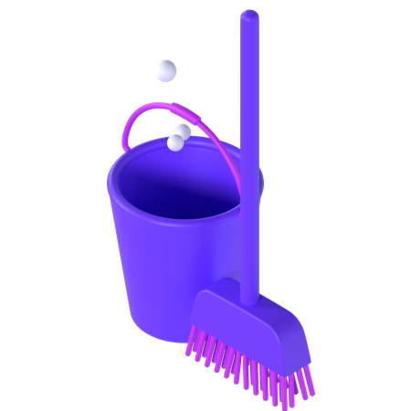 Cleaning bucket and broom 3D Illustration